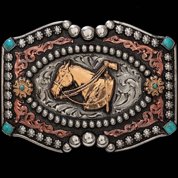 The Western Horse Belt Buckle is a classic cowgirl belt buckle with an amazing triple copper and silver bead frame and six turquoise stones for your western outfit. 